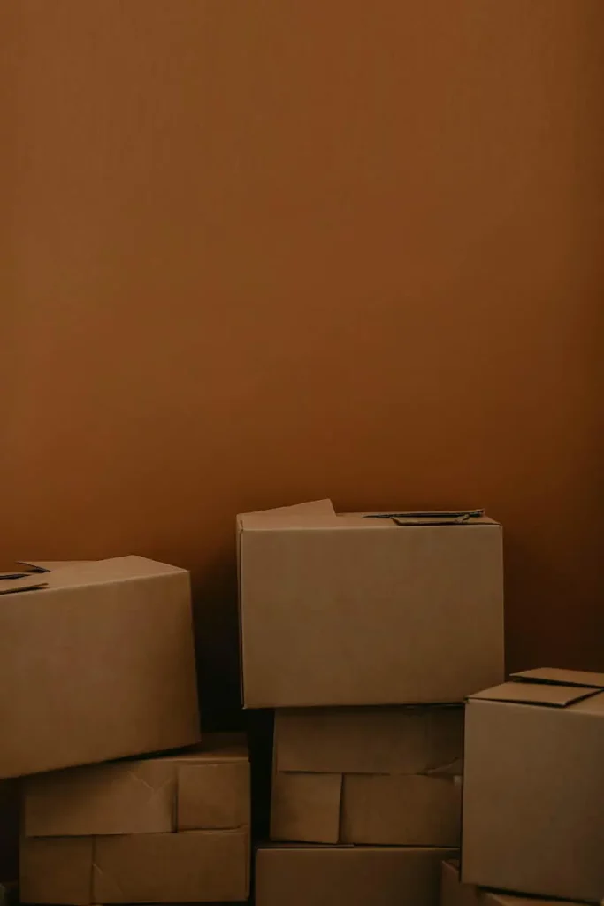 Cardboard boxes are stacked on top of each other, leaning against a brown wall
