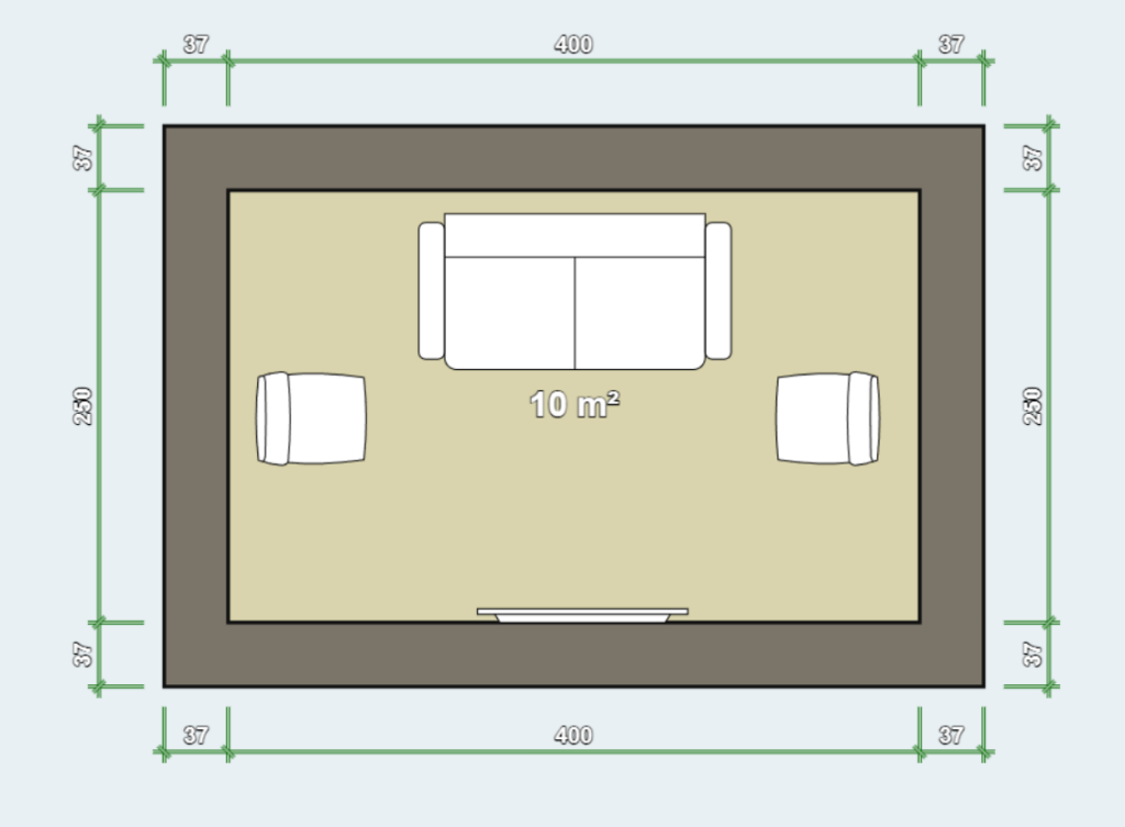 Example digital floor plan created with software. A rectangular room with a large sofa and two armchairs